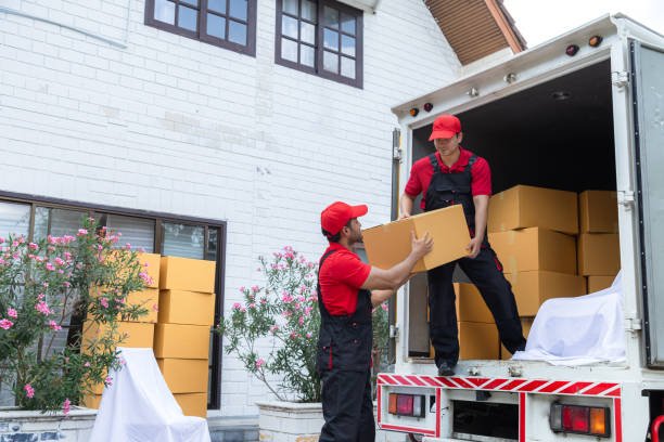 Packers unloading boxes from a moving truck